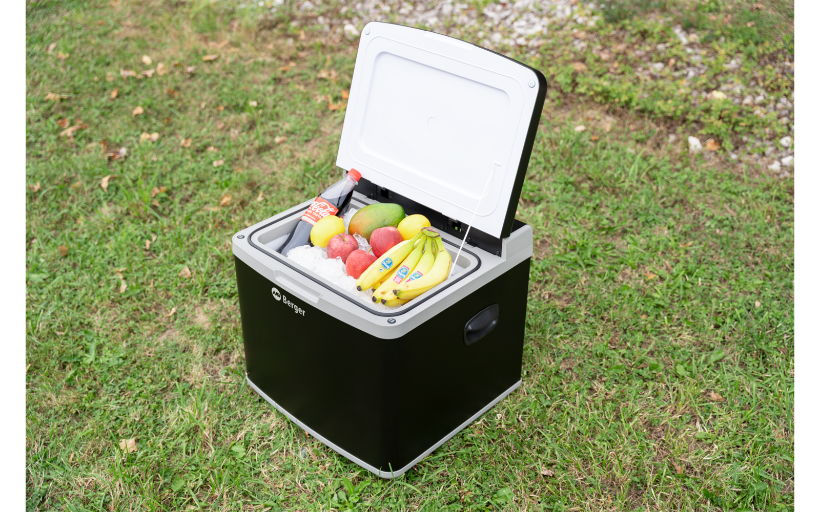 Open zwarte koelbox met wit deksel, gevuld met verschillende vruchten, op gras