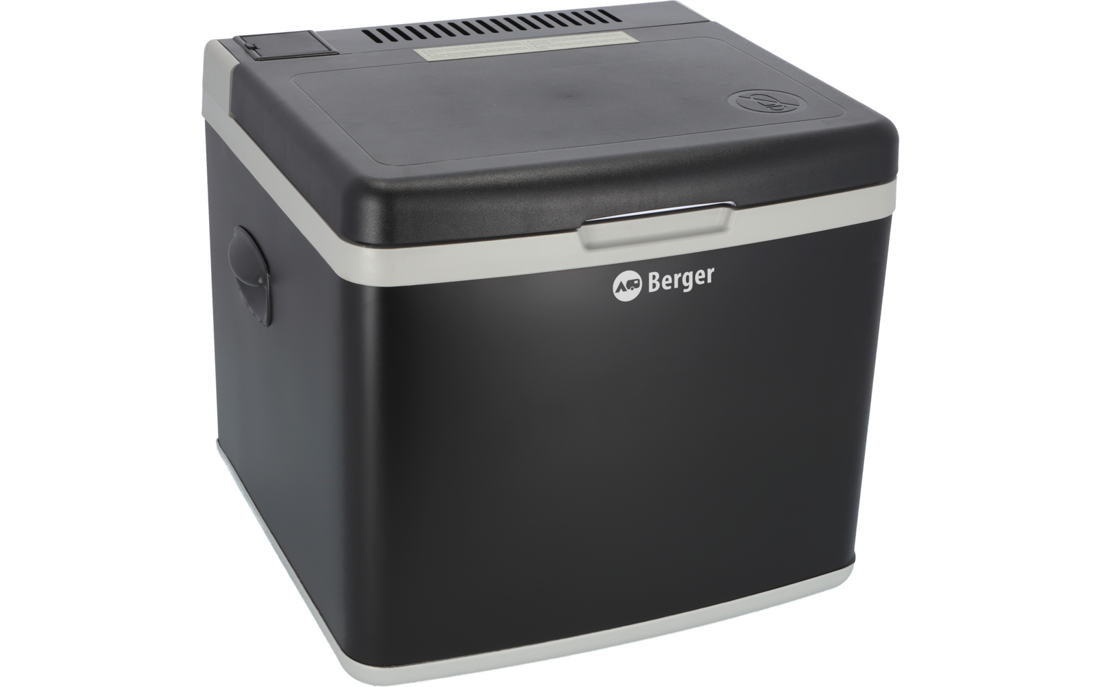 Schwarze Kühlbox mit grauem Deckel und Griff an der Seite, Marke Berger