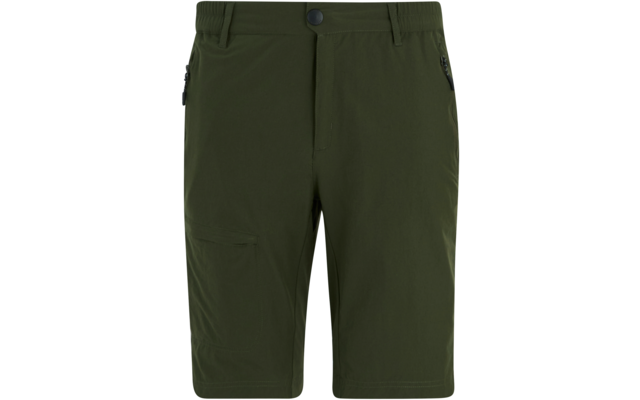 Olivegrüne, knielange Shorts auf weißem Hintergrund, Knopf am Bund, Gürtelschlaufen, seitliche Reißverschlusstaschen und Tasche am rechten Oberschenkel