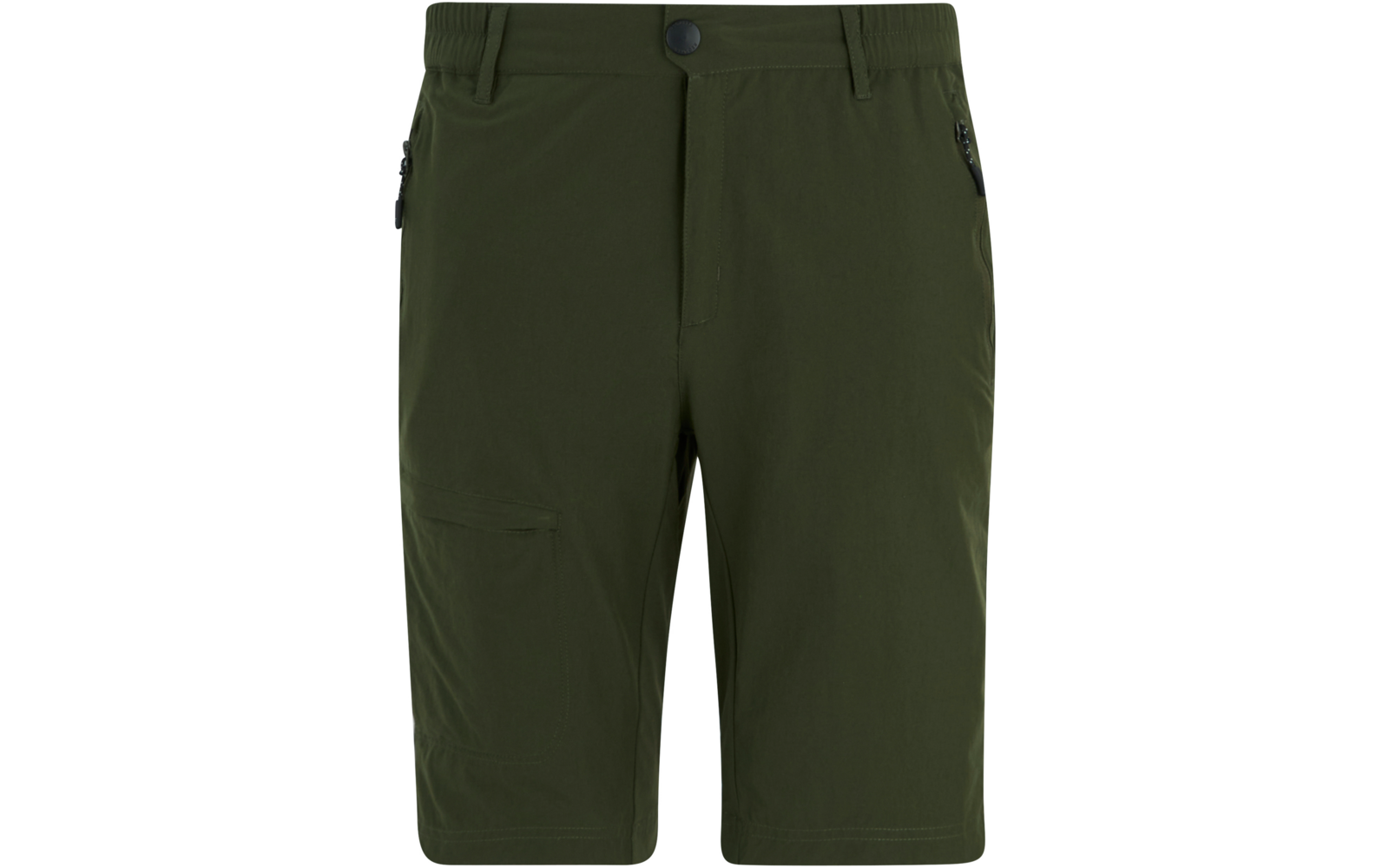 Olivegrüne, knielange Shorts auf weißem Hintergrund, Knopf am Bund, Gürtelschlaufen, seitliche Reißverschlusstaschen und Tasche am rechten Oberschenkel