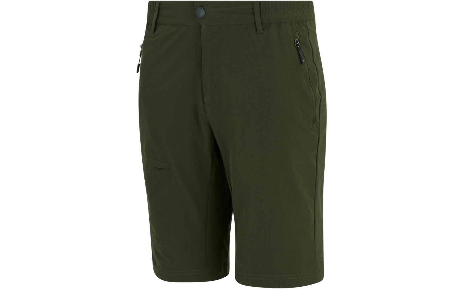 Olivgrüne oberschenkellange Shorts mit Knopfverschluss, Gürtelschlaufen und vorderen Reißverschlusstaschen