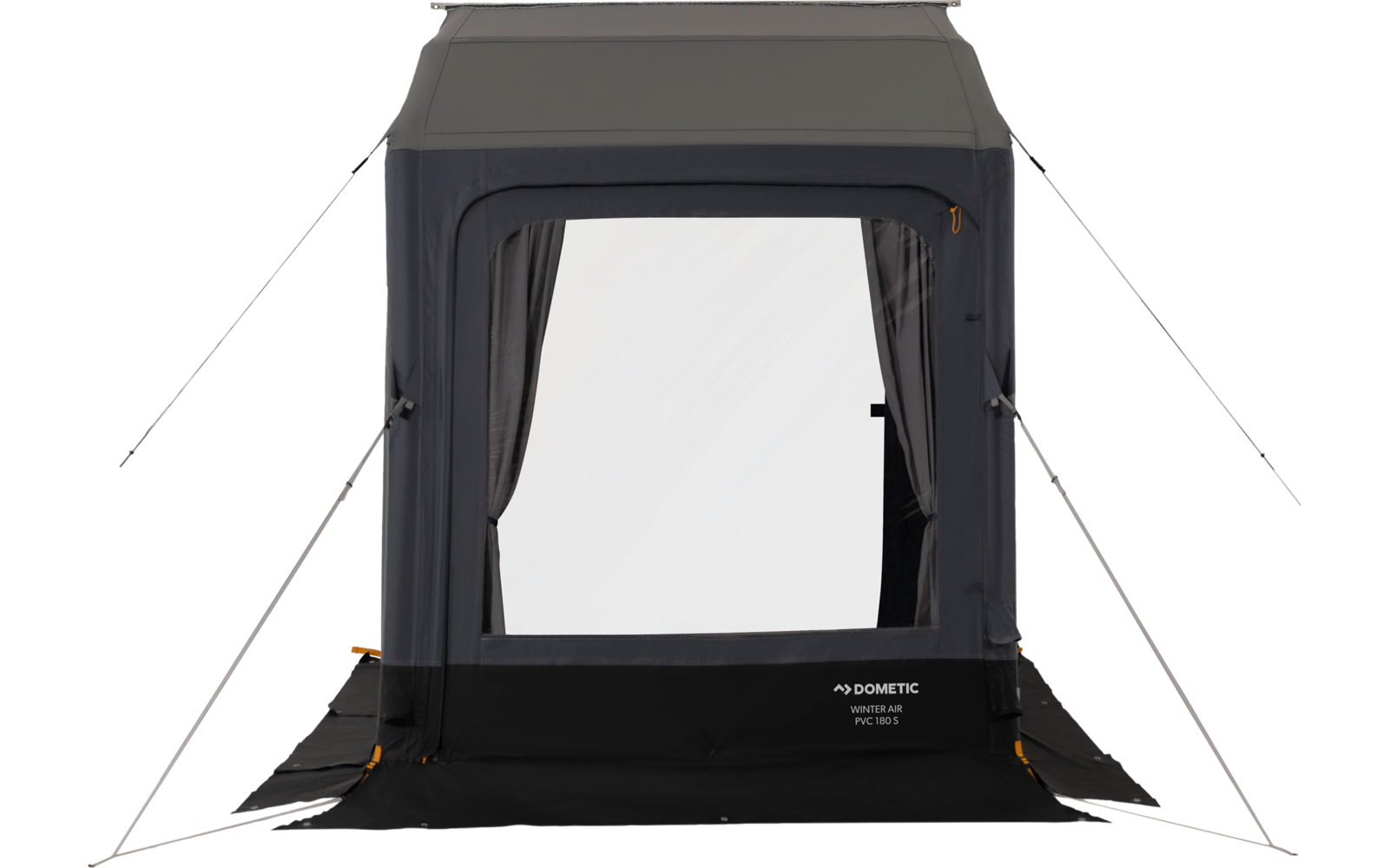 Struttura rettangolare grigia in tessuto con grande finestra centrale translucida, due tendine laterali, pannello inferiore scuro e quattro tiranti estesi verso l'esterno