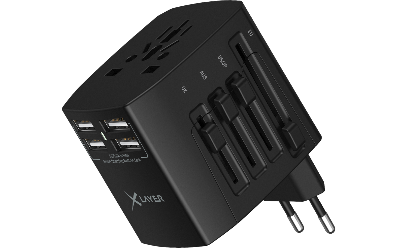 Schwarzer Reiseadapter mit mehreren Steckdosenanschlüssen und USB-Ports