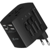Schwarzer Reiseadapter mit mehreren Steckdosenanschlüssen und USB-Ports