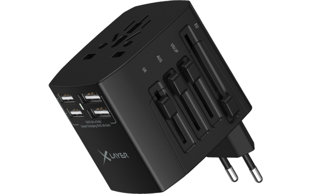 Schwarzer Reiseadapter mit mehreren Steckdosenanschlüssen und USB-Ports