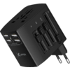 Schwarzer Steckdosenadapter mit zwei runden Stiften, vier USB-Anschlüssen, Logo XLAYER und mehreren Schiebeschaltern