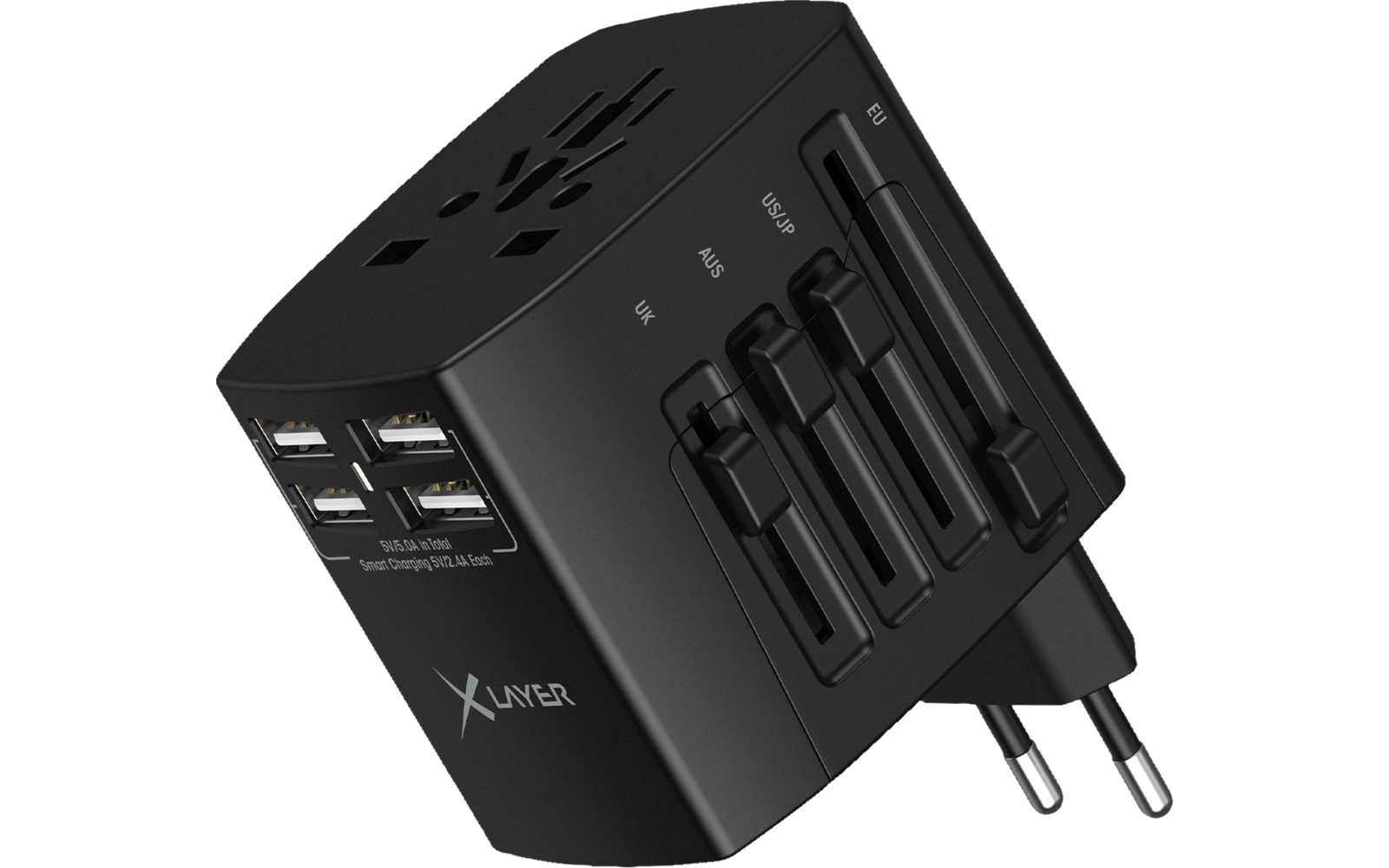 Schwarzer Steckdosenadapter mit zwei runden Stiften, vier USB-Anschlüssen, Logo XLAYER und mehreren Schiebeschaltern