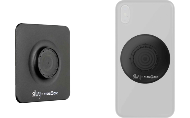 Black rectangular plate with a rounded raised circle and white "silwy • FIDLOCK" logo, next to a light gray smartphone with a round black piece on its back