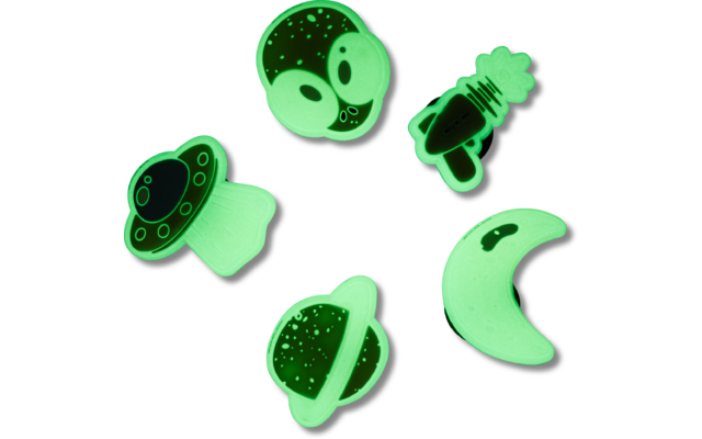 Pegatinas fosforescentes: cabeza de extraterrestre, cohete, media luna, planeta con anillos y dos OVNIs