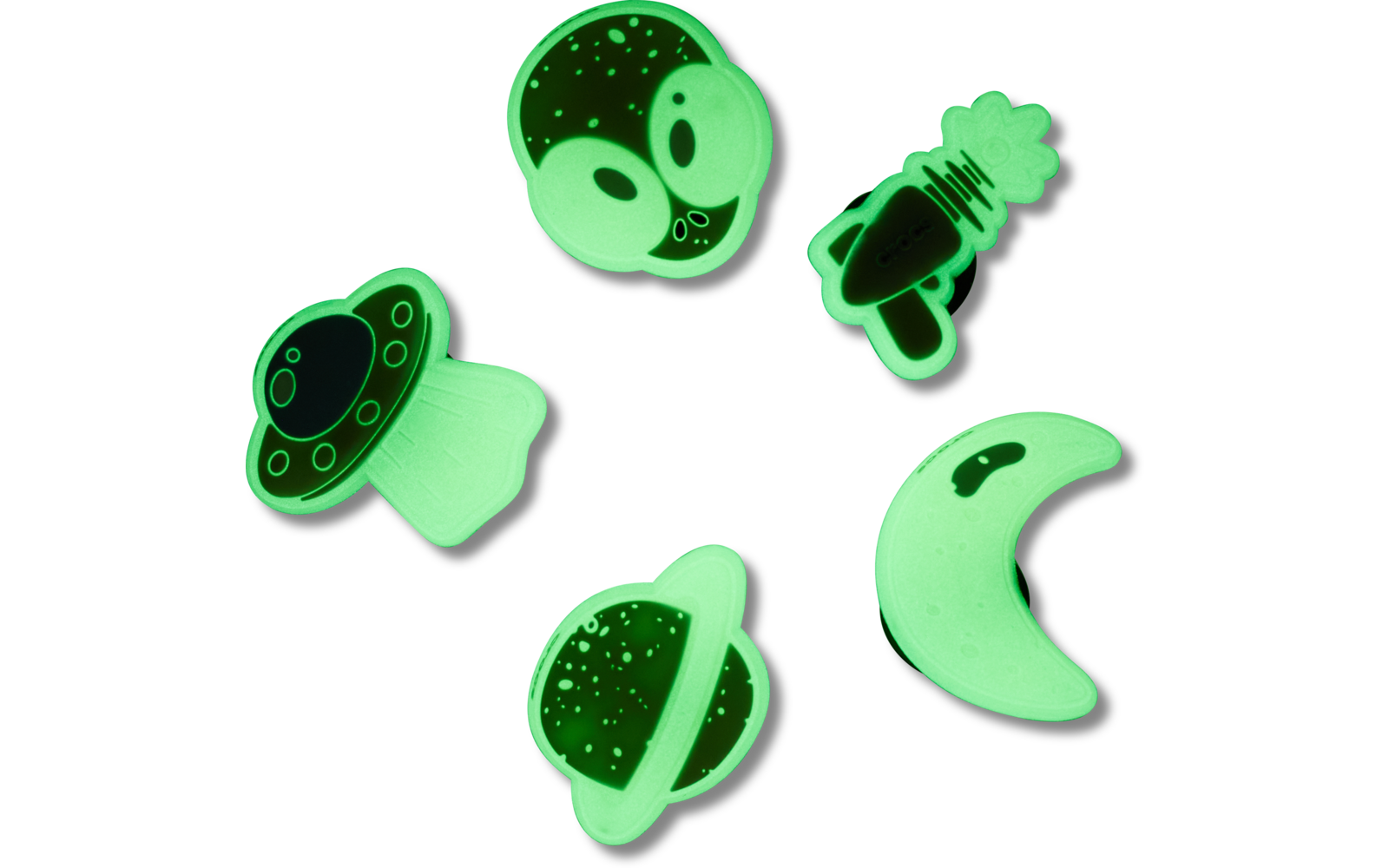 Pegatinas fosforescentes: cabeza de extraterrestre, cohete, media luna, planeta con anillos y dos OVNIs