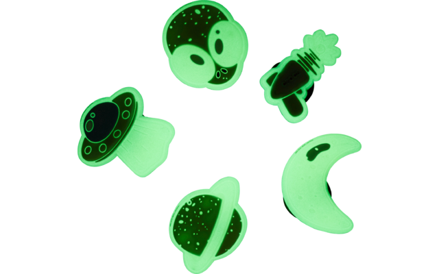 Autocollants phosphorescents : tête d'extraterrestre, fusée, croissant de lune, planète à anneaux et deux ovnis