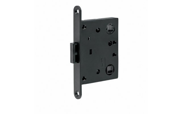 Boîtier rectangulaire noir avec un pêne saillant, plusieurs ouvertures rondes et rectangulaires et une plaque allongée avec deux trous de fixation