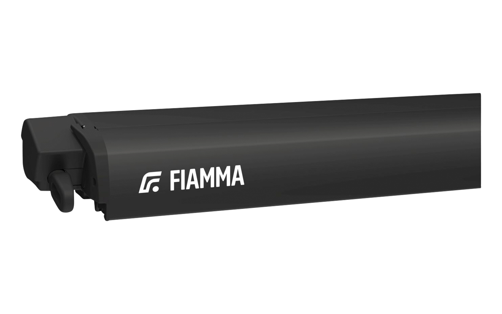 Carcasa estrecha y alargada de color negro con borde superior redondeado y logotipo blanco "FIAMMA" en el lateral; a la izquierda se ve una pieza negra saliente