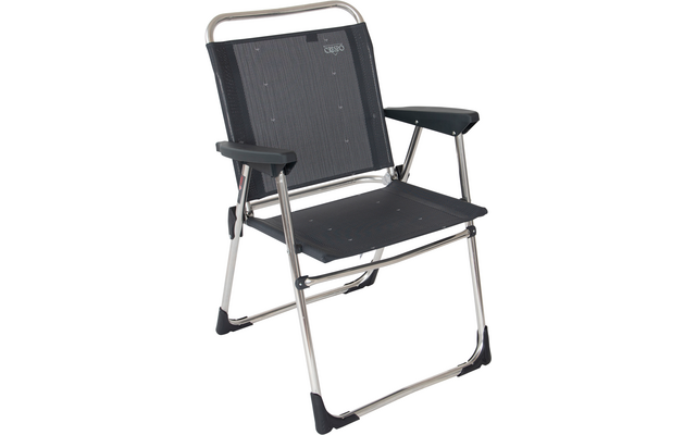 Folding chair with silver metal frame, dark gray mesh seat and back, and black plastic armrests