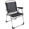 Folding chair with silver metal frame, dark gray mesh seat and back, and black plastic armrests