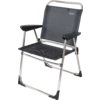 Folding chair with silver metal frame, gray mesh seat and backrest, and black armrests