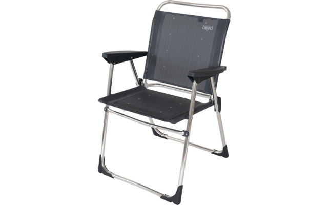 Folding chair with silver metal frame, gray mesh seat and backrest, and black armrests