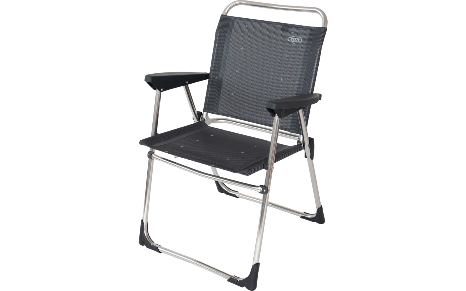 Folding chair with silver metal frame, gray mesh seat and backrest, and black armrests