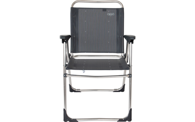 Folding chair with black fabric seat and backrest, silver metal frame
