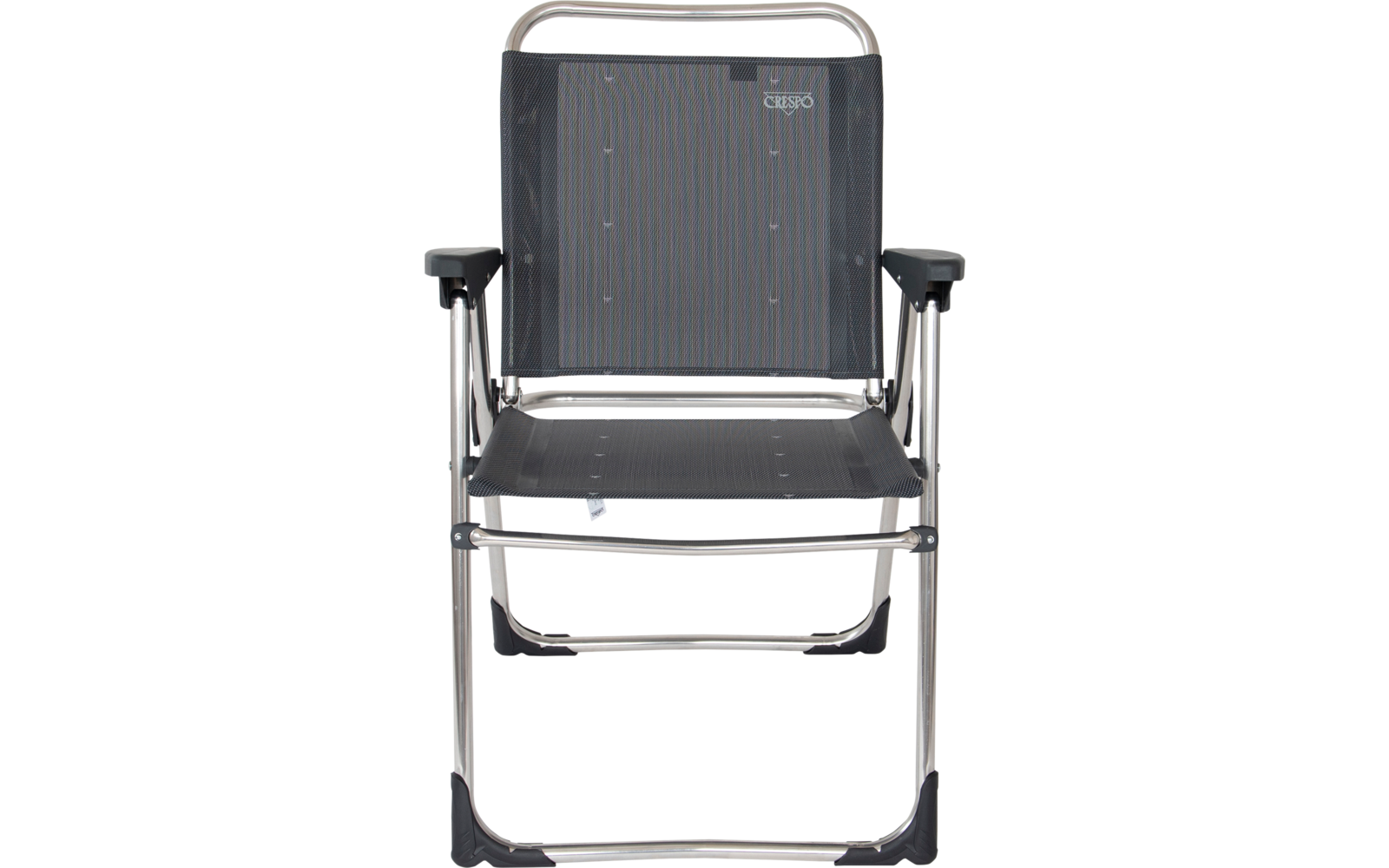 Folding chair with black fabric seat and backrest, silver metal frame