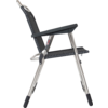 Side view of a chair with black seat and backrest, silver metal frame and armrests