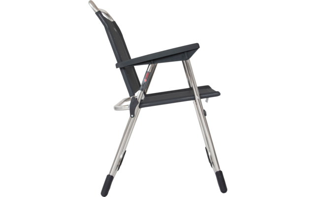 Side view of a chair with black seat and backrest, silver metal frame and armrests