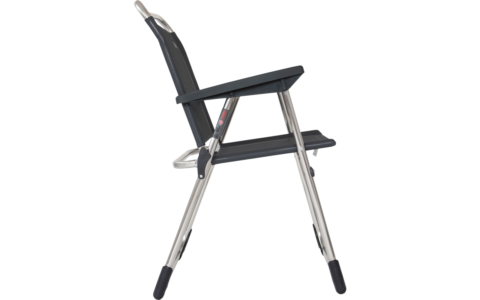 Side view of a chair with black seat and backrest, silver metal frame and armrests