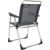 Folding chair with dark gray mesh back, armrests and silver metal frame, rear view