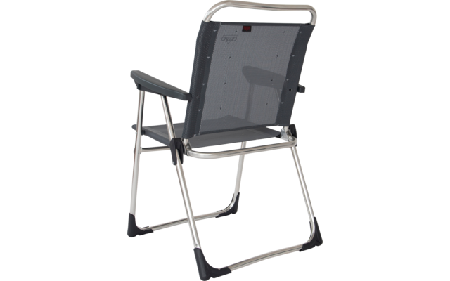 Folding chair with dark gray mesh back, armrests and silver metal frame, rear view