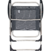 Folded folding chair with silver metal frame and gray mesh seat, front view