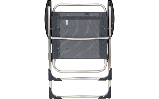 Folded folding chair with silver metal frame and gray mesh seat, front view