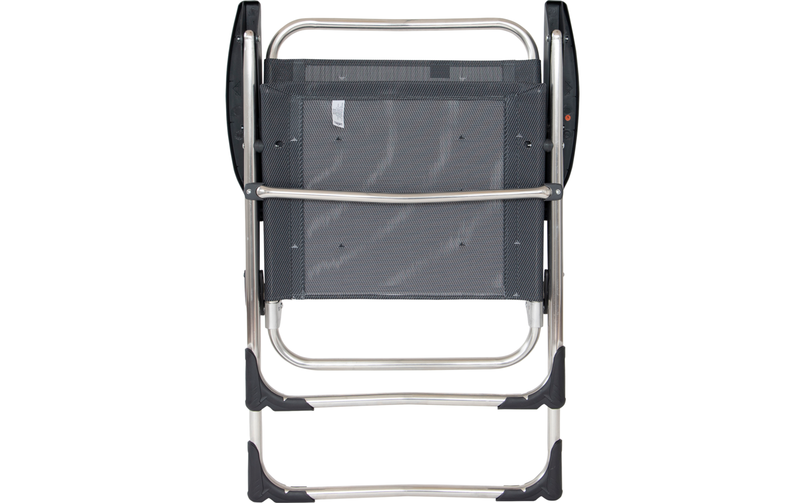 Folded folding chair with silver metal frame and gray mesh seat, front view