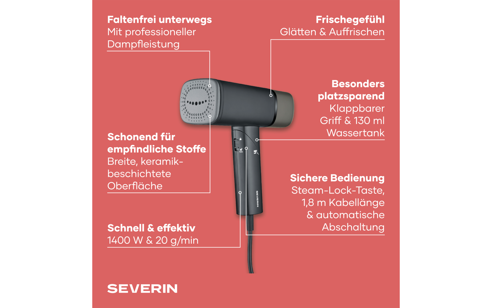 Dunkelgraues Handdampfgerät auf korallenrotem Hintergrund, mit Stromkabel und gelochter Dampfdüse; weiße Beschriftungen und Markenlogo "SEVERIN"