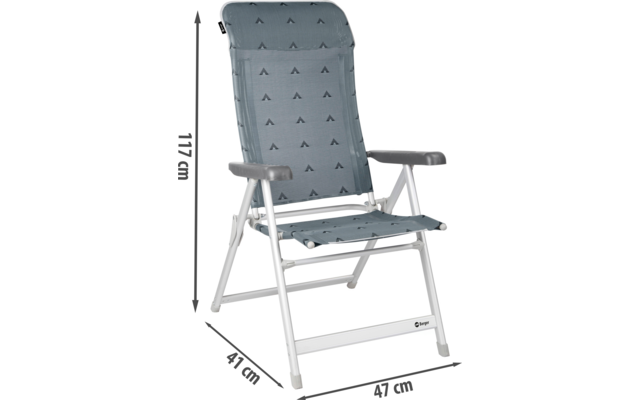 Chaise pliante avec dossier rembourré et accoudoirs, dimensions 111 cm hauteur, 61 cm largeur, 61 cm profondeur