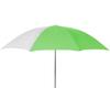 Groen-witte parasolkap met dunne grijze stok voor een witte achtergrond