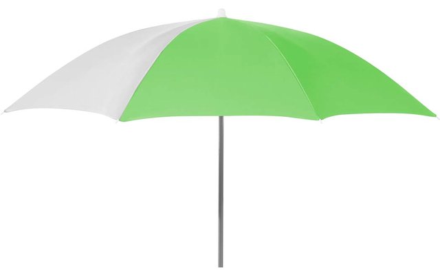 Groen-witte parasolkap met dunne grijze stok voor een witte achtergrond