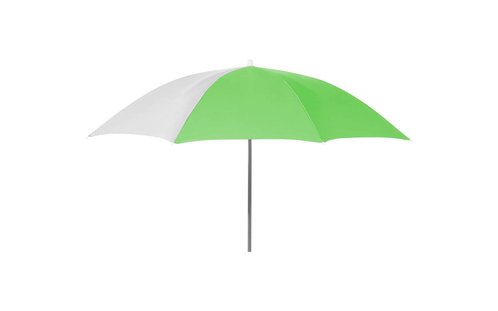 Groen-witte parasolkap met dunne grijze stok voor een witte achtergrond