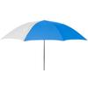 Blauw-witte parasol met metalen steel op witte achtergrond