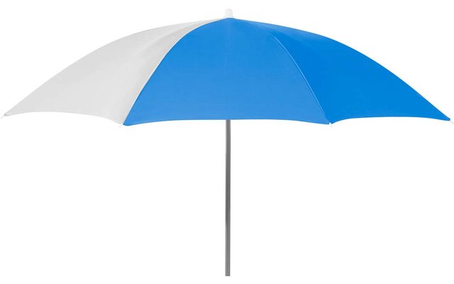 Blauw-witte parasol met metalen steel op witte achtergrond