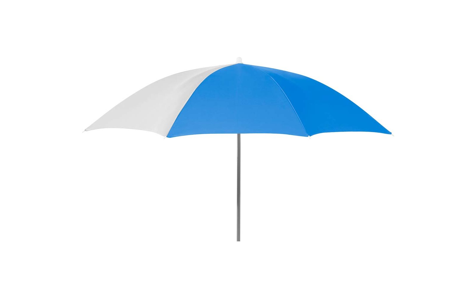 Blauw-witte parasol met metalen steel op witte achtergrond