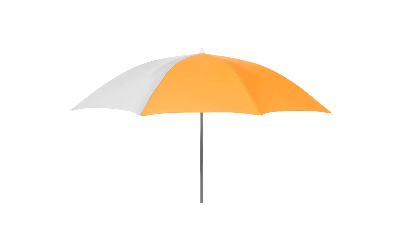 Opgespannen parasol met oranje en witte panelen en een grijze steel op een witte achtergrond