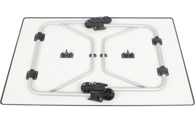 Een rechthoekig glazen paneel met aangebrachte zwarte en zilveren metalen frames en klemmen