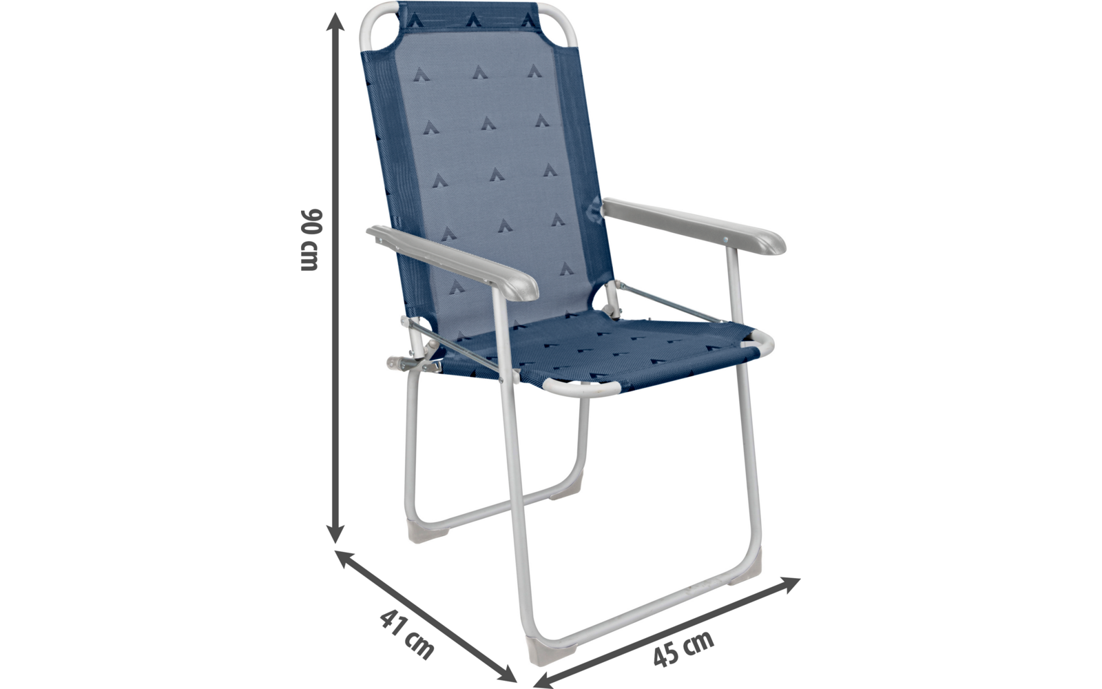 Klappstuhl mit blauer gepolsterter Sitzfläche und Rückenlehne, zeigt Abmessungen
