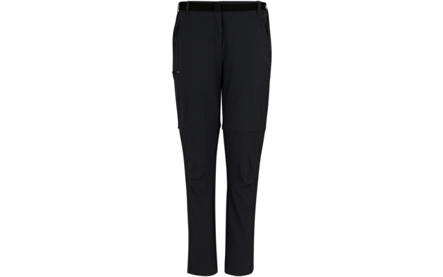 Dunkle Hose mit Bund und Gürtel, seitlichen Reißverschlusstaschen und Reißverschlüssen oberhalb der Knie