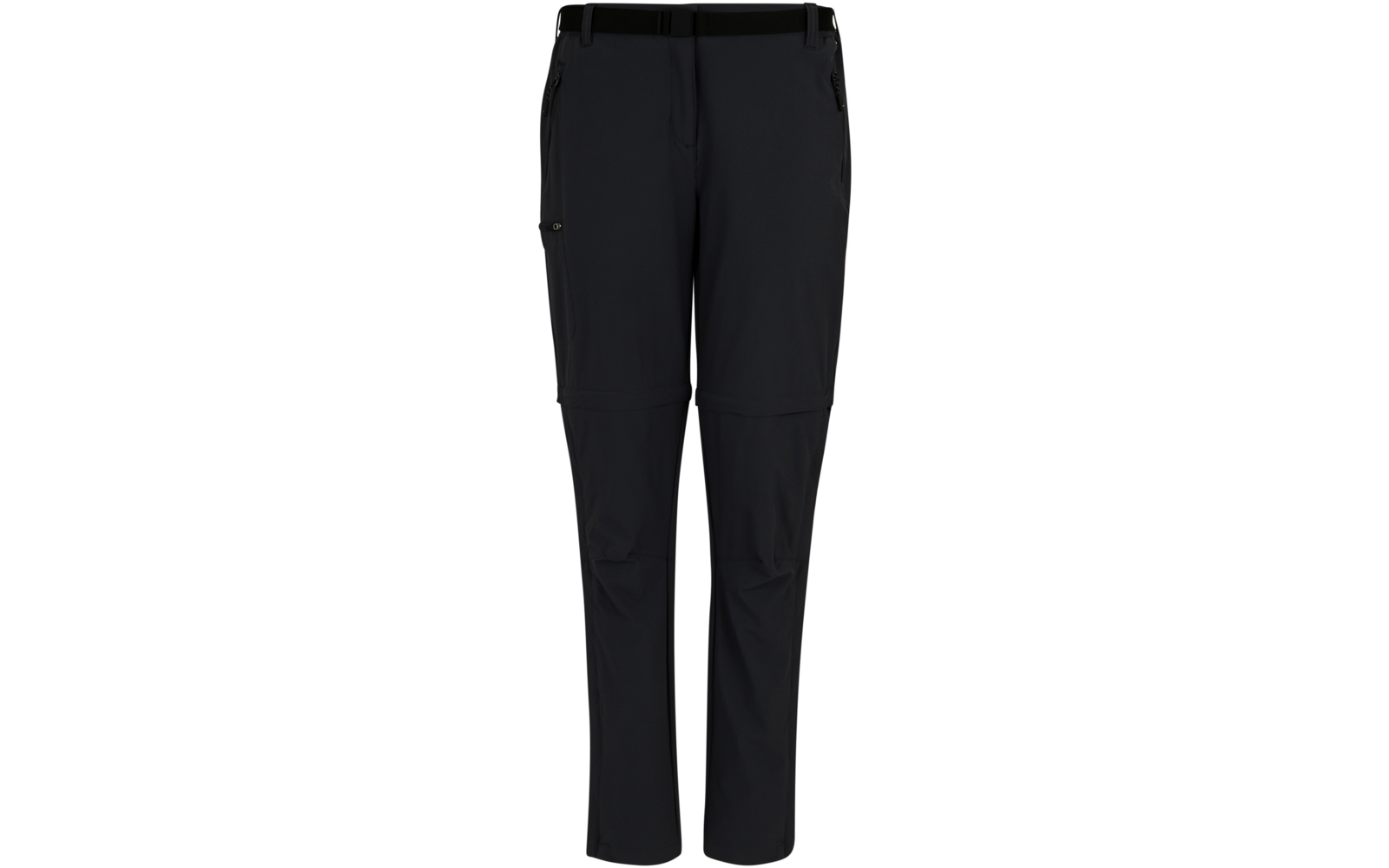 Dunkle Hose mit Bund und Gürtel, seitlichen Reißverschlusstaschen und Reißverschlüssen oberhalb der Knie