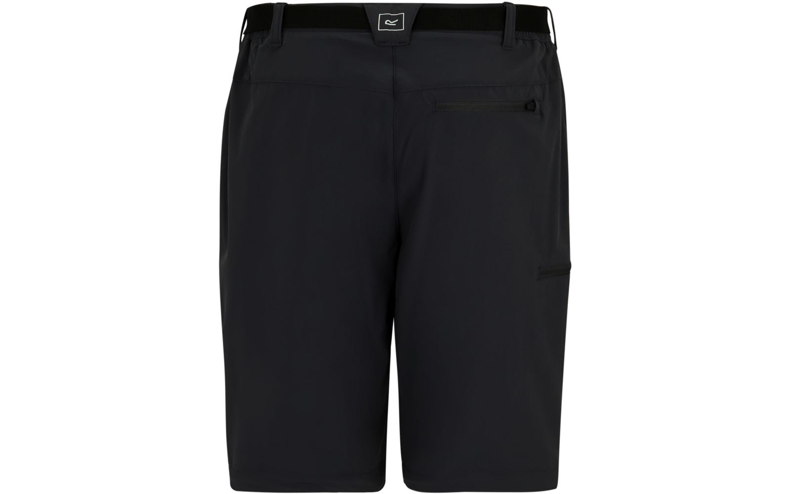 Schwarze Shorts, Frontansicht, Bund mit Gürtelschlaufen, horizontale Reißverschlusstasche vorne, weitere Reißverschlusstasche am Oberschenkel