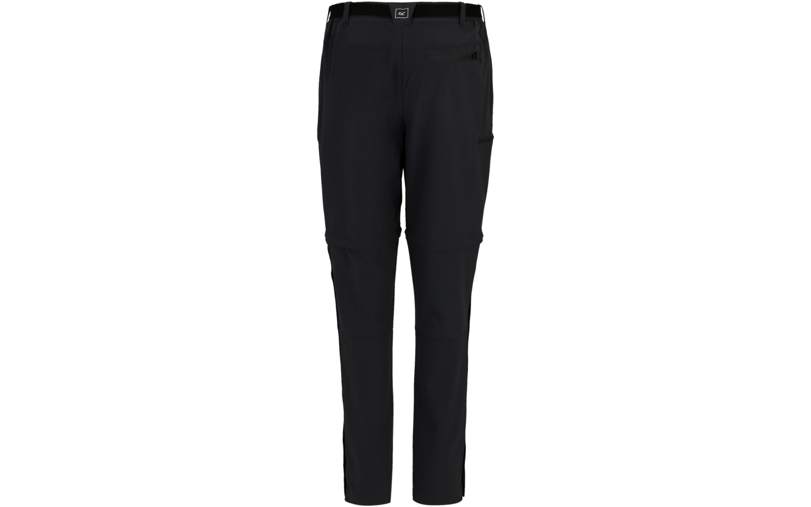 Schwarze lange Hose mit Reißverschlüssen an den Knien, Reißverschlusstasche am rechten Oberschenkel und kleinem Logo am Bund