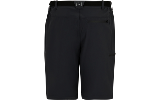 Schwarze Shorts, Frontansicht, Bund mit Gürtelschlaufen, horizontale Reißverschlusstasche vorne, weitere Reißverschlusstasche am Oberschenkel