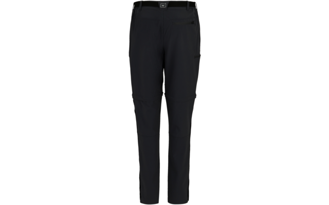Schwarze lange Hose mit Reißverschlüssen an den Knien, Reißverschlusstasche am rechten Oberschenkel und kleinem Logo am Bund