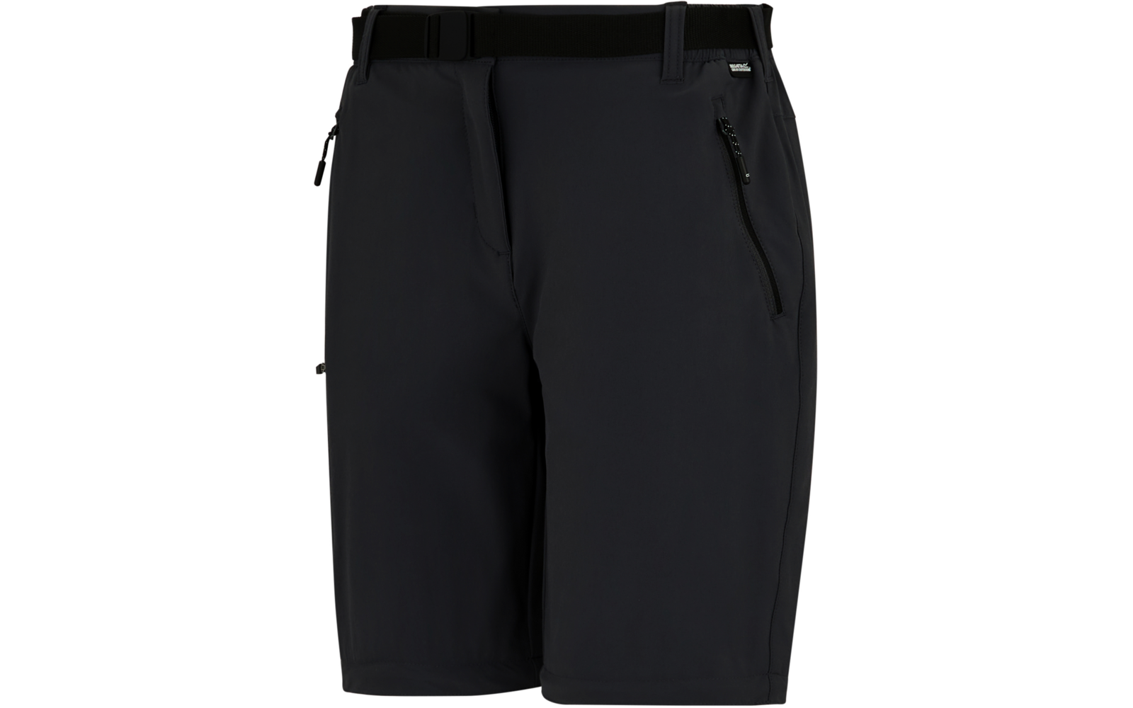 Schwarze knielange Shorts mit Gürtel und zwei Reißverschlusstaschen